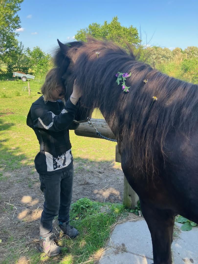 Person står pande mod pande med en sort pony, hvis manke er pyntet med blomster